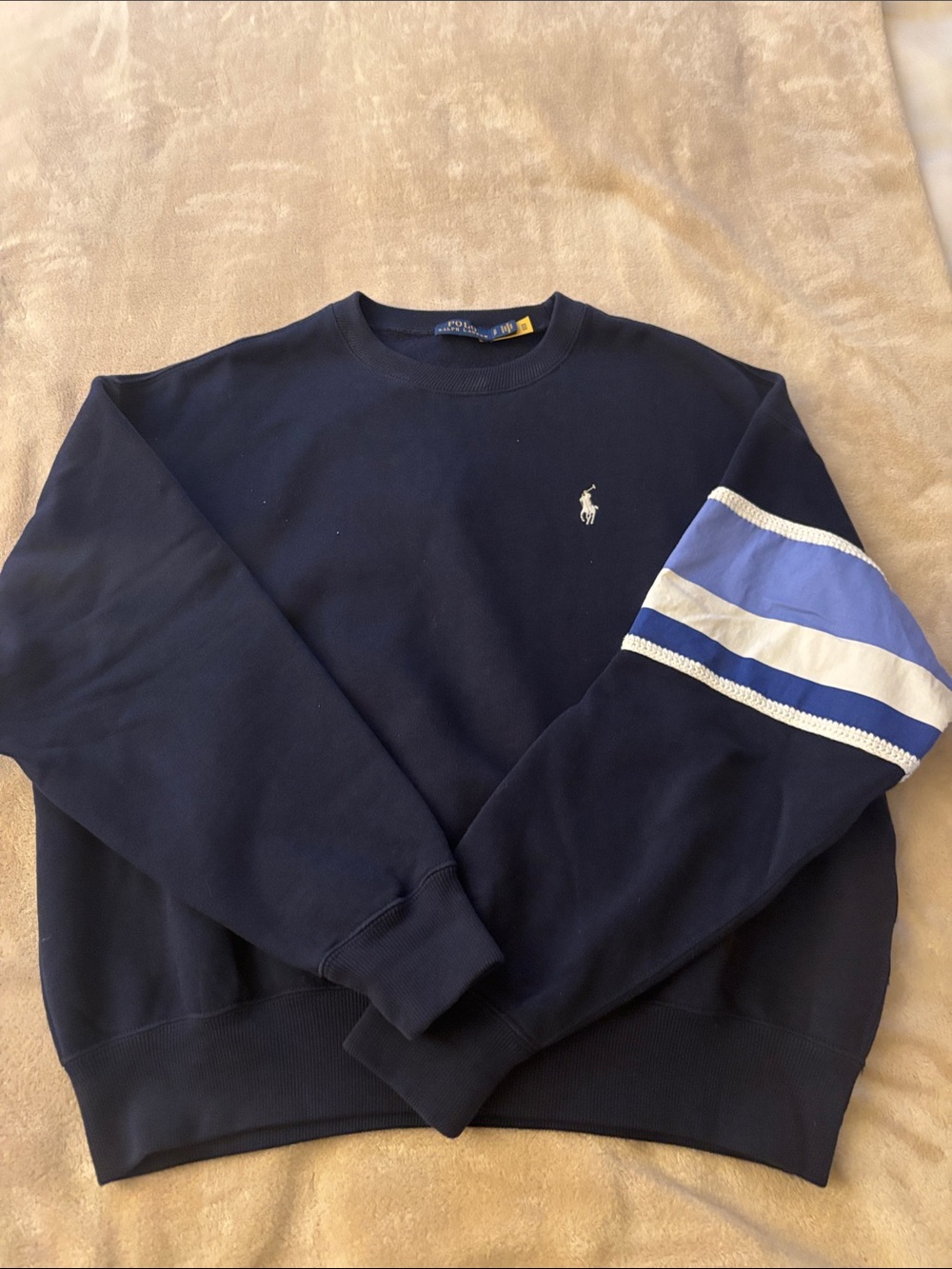 Polo by Ralph Lauren Navy Crewneck Sweater with Blue Stripe Sleeve